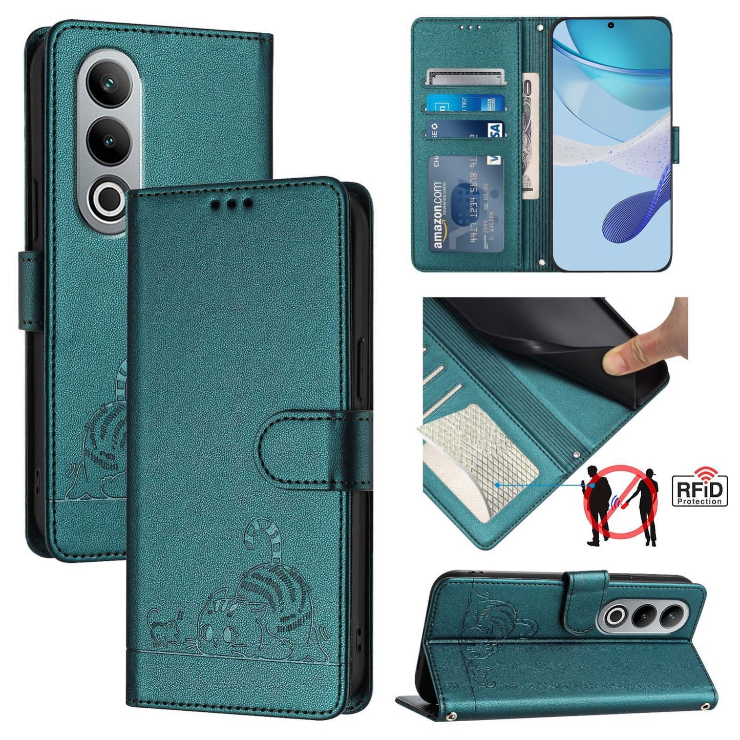 OnePlus Nord CE4 5G Cat and Mouse Embossed PU Leather RFID Case with Wallet Slots, Anti-Fall Protection, Kickstand, and Lanyard-buycases.co.uk