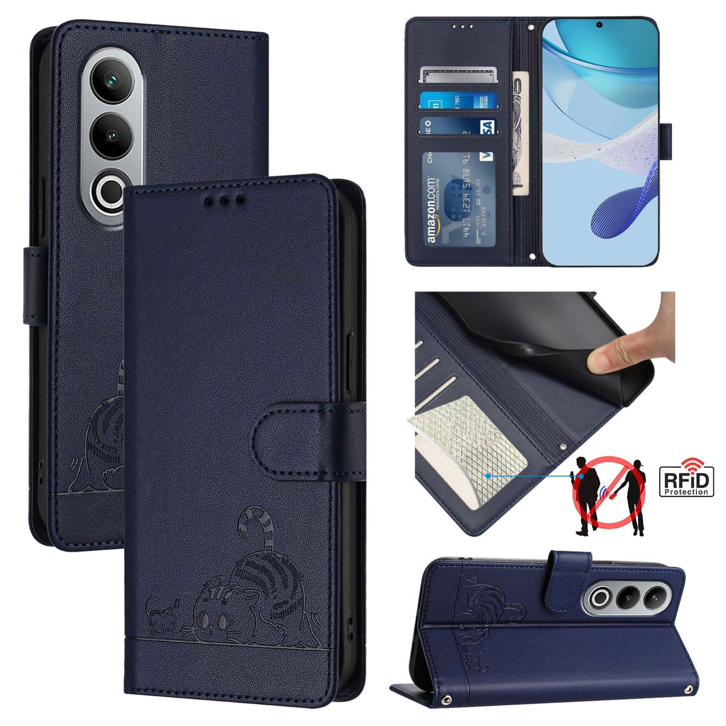 OnePlus Nord CE4 5G Cat and Mouse Embossed PU Leather RFID Case with Wallet Slots, Anti-Fall Protection, Kickstand, and Lanyard-buycases.co.uk