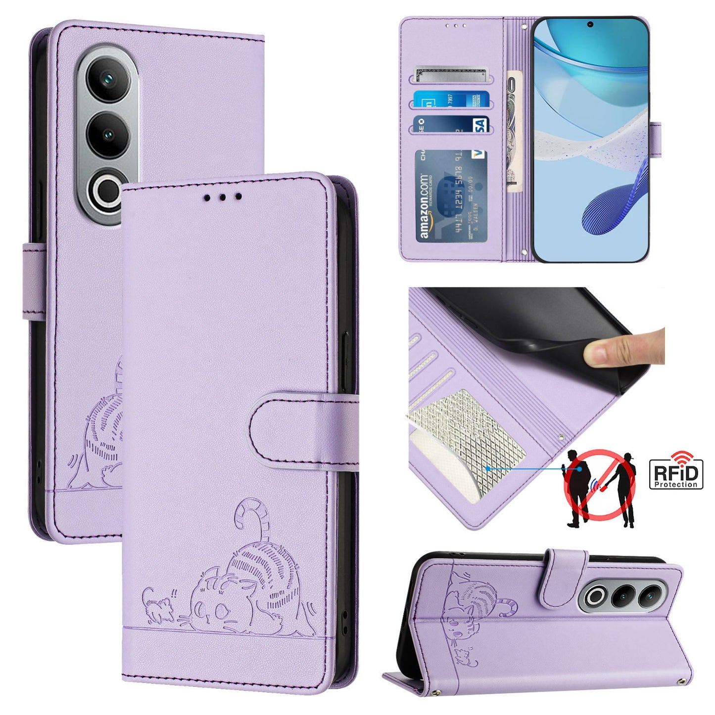 OnePlus Nord CE4 5G Cat and Mouse Embossed PU Leather RFID Case with Wallet Slots, Anti-Fall Protection, Kickstand, and Lanyard-buycases.co.uk