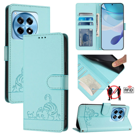 OnePlus 12R 5G Global Cat and Mouse Embossed PU Leather RFID Case with Wallet Slots, Anti-Fall Protection, Kickstand, and Lanyard-buycases.co.uk