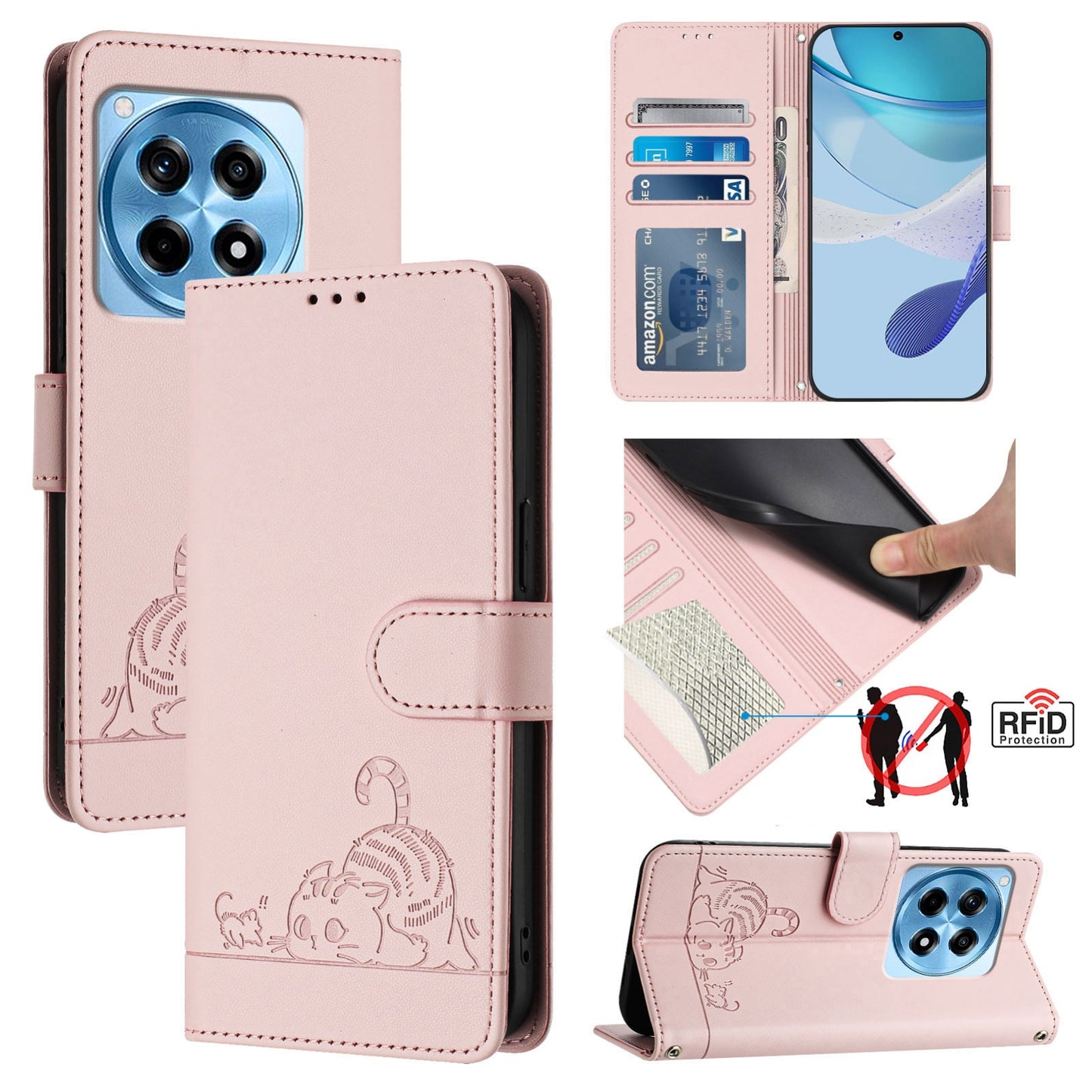 OnePlus 12R 5G Global Cat and Mouse Embossed PU Leather RFID Case with Wallet Slots, Anti-Fall Protection, Kickstand, and Lanyard-buycases.co.uk