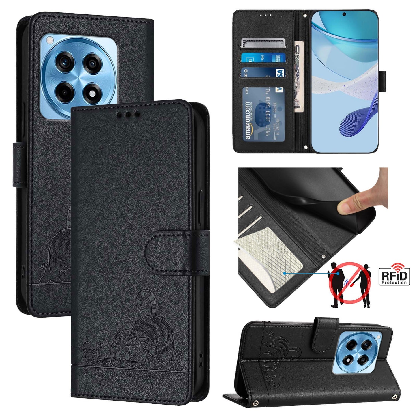 OnePlus 12R 5G Global Cat and Mouse Embossed PU Leather RFID Case with Wallet Slots, Anti-Fall Protection, Kickstand, and Lanyard-buycases.co.uk