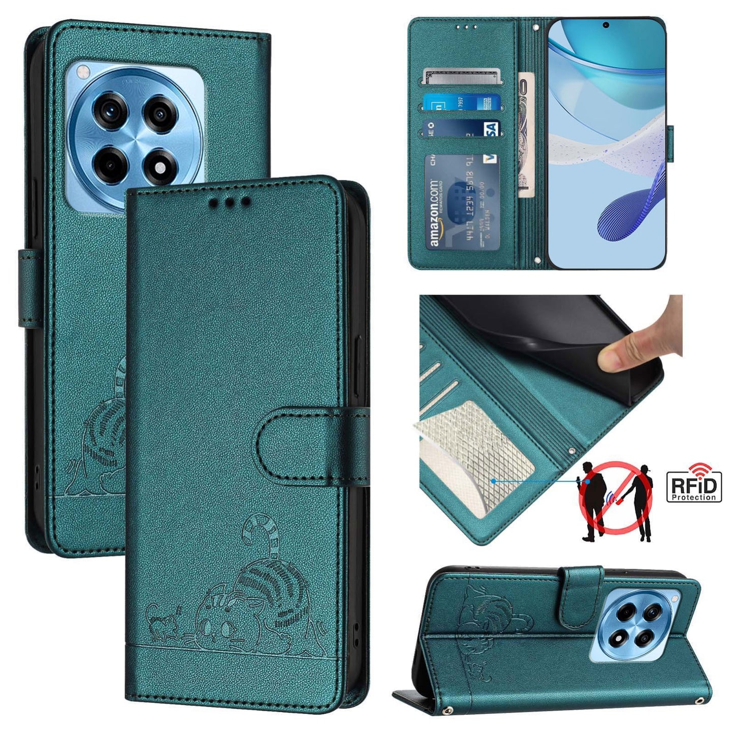 OnePlus 12R 5G Global Cat and Mouse Embossed PU Leather RFID Case with Wallet Slots, Anti-Fall Protection, Kickstand, and Lanyard-buycases.co.uk