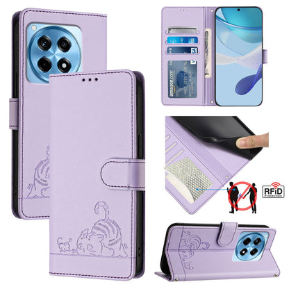 OnePlus 12R 5G Global Cat and Mouse Embossed PU Leather RFID Case with Wallet Slots, Anti-Fall Protection, Kickstand, and Lanyard-buycases.co.uk