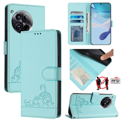 OnePlus 12 5G Cat and Mouse Embossed PU Leather RFID Case with Wallet Slots, Anti-Fall Protection, Kickstand, and Lanyard-buycases.co.uk
