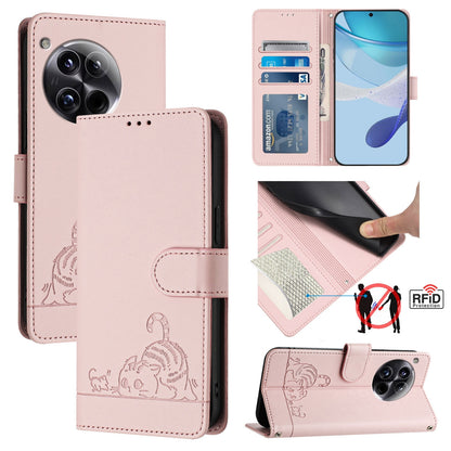 OnePlus 12 5G Cat and Mouse Embossed PU Leather RFID Case with Wallet Slots, Anti-Fall Protection, Kickstand, and Lanyard-buycases.co.uk