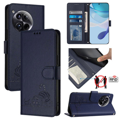 OnePlus 12 5G Cat and Mouse Embossed PU Leather RFID Case with Wallet Slots, Anti-Fall Protection, Kickstand, and Lanyard-buycases.co.uk