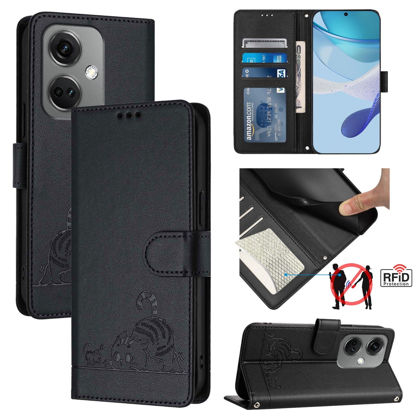 OnePlus Nord CE3 5G Cat and Mouse Embossed PU Leather RFID Case with Wallet Slots, Anti-Fall Protection, Kickstand, and Lanyard-buycases.co.uk