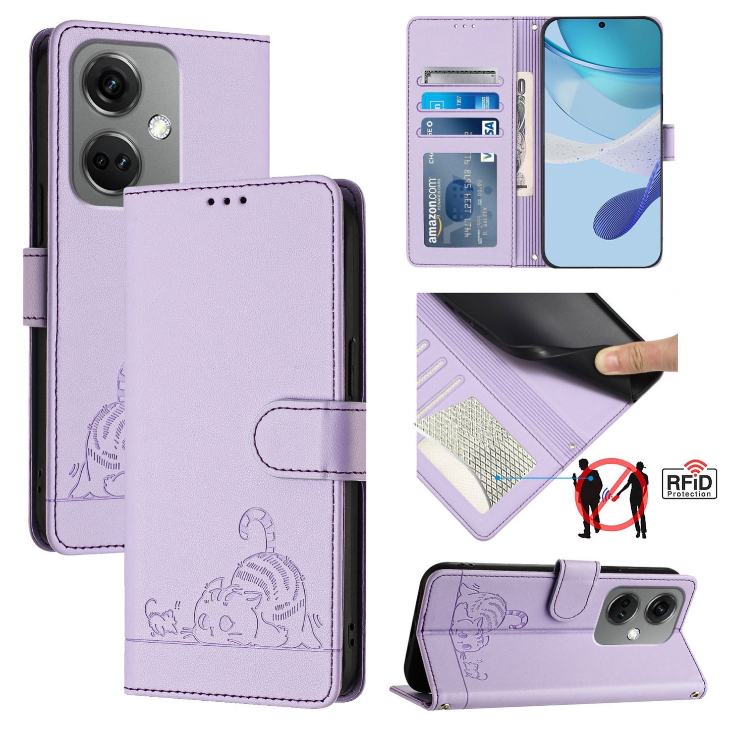 OnePlus Nord CE3 5G Cat and Mouse Embossed PU Leather RFID Case with Wallet Slots, Anti-Fall Protection, Kickstand, and Lanyard-buycases.co.uk