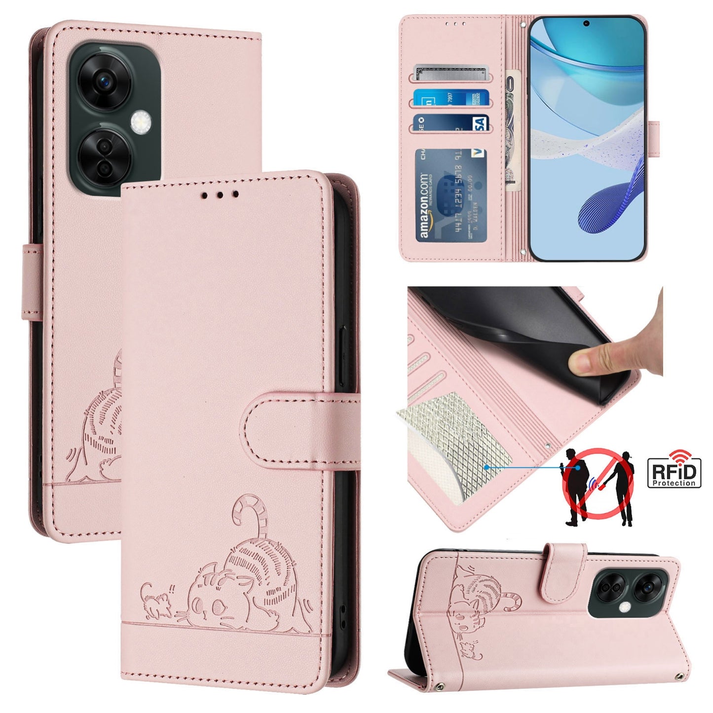 OnePlus Nord N30 Cat and Mouse Embossed PU Leather RFID Case with Wallet Slots, Anti-Fall Protection, Kickstand, and Lanyard-buycases.co.uk