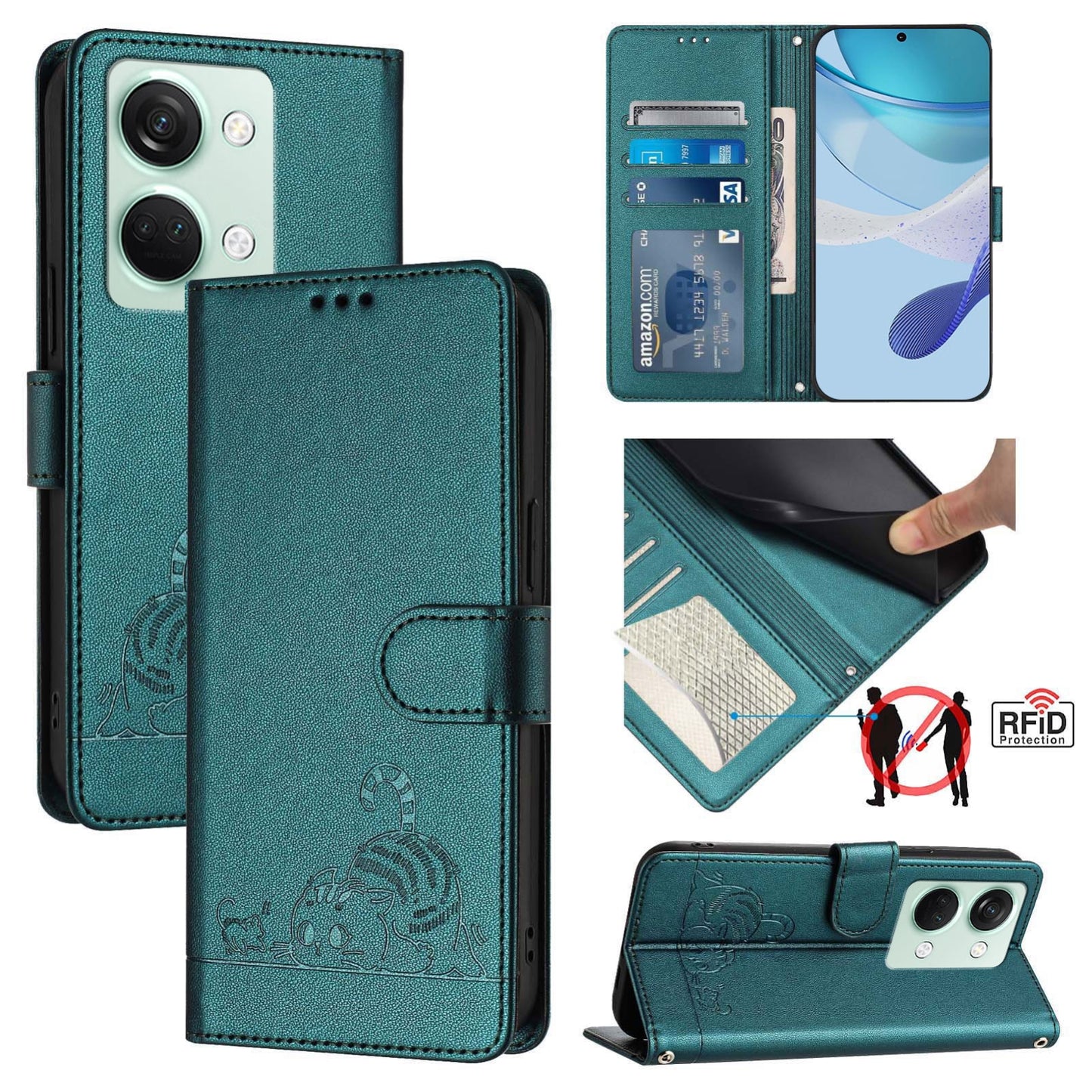 OnePlus Nord 3 Cat and Mouse Embossed PU Leather RFID Case with Wallet Slots, Anti-Fall Protection, Kickstand, and Lanyard-buycases.co.uk