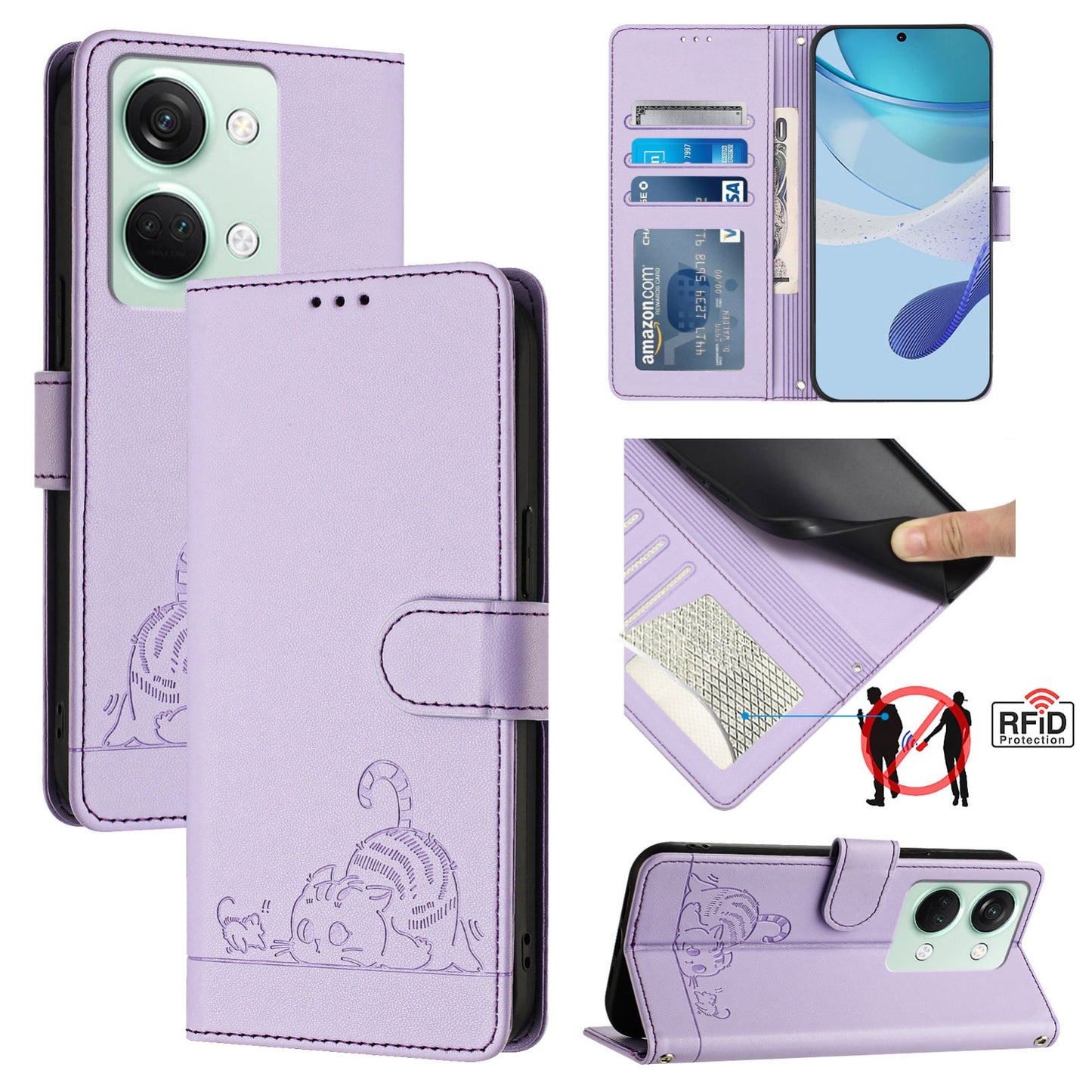 OnePlus Nord 3 Cat and Mouse Embossed PU Leather RFID Case with Wallet Slots, Anti-Fall Protection, Kickstand, and Lanyard-buycases.co.uk