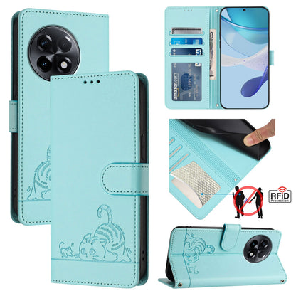 OnePlus 11R 5G Global Cat and Mouse Embossed PU Leather RFID Case with Wallet Slots, Anti-Fall Protection, Kickstand, and Lanyard-buycases.co.uk