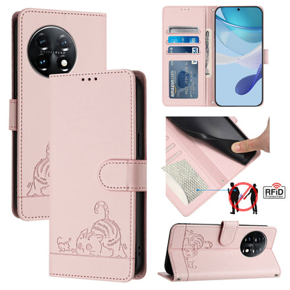 OnePlus 11 Cat and Mouse Embossed PU Leather RFID Case with Wallet Slots, Anti-Fall Protection, Kickstand, and Lanyard-buycases.co.uk