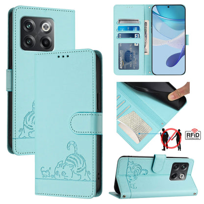 OnePlus 10T 5G Global Cat and Mouse Embossed PU Leather RFID Case with Wallet Slots, Anti-Fall Protection, Kickstand, and Lanyard-buycases.co.uk