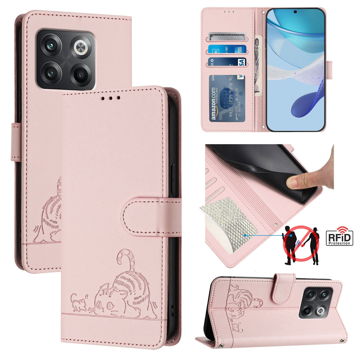 OnePlus 10T 5G Global Cat and Mouse Embossed PU Leather RFID Case with Wallet Slots, Anti-Fall Protection, Kickstand, and Lanyard-buycases.co.uk