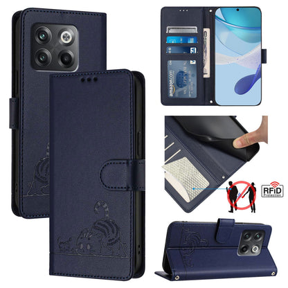 OnePlus 10T 5G Global Cat and Mouse Embossed PU Leather RFID Case with Wallet Slots, Anti-Fall Protection, Kickstand, and Lanyard-buycases.co.uk