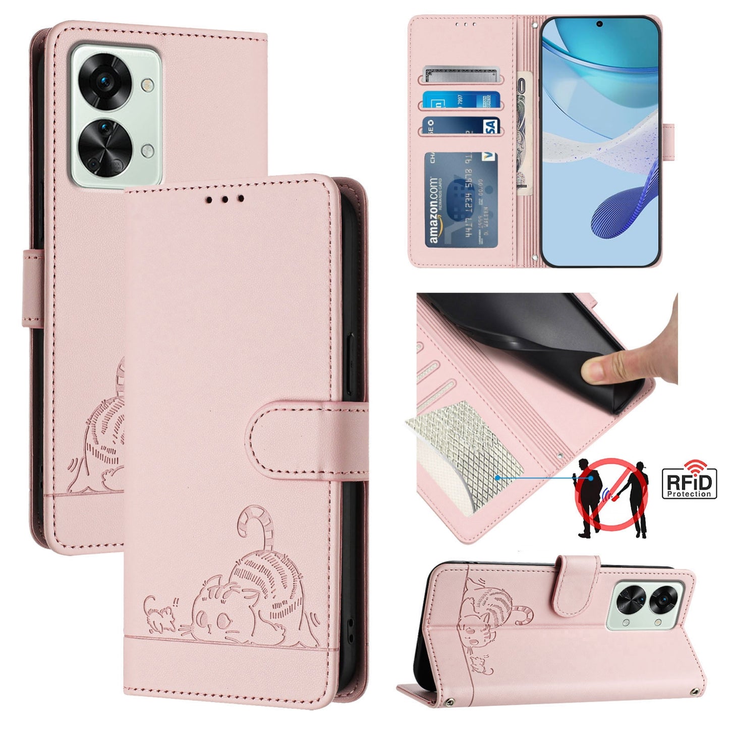 OnePlus Nord 2T Cat and Mouse Embossed PU Leather RFID Case with Wallet Slots, Anti-Fall Protection, Kickstand, and Lanyard-buycases.co.uk