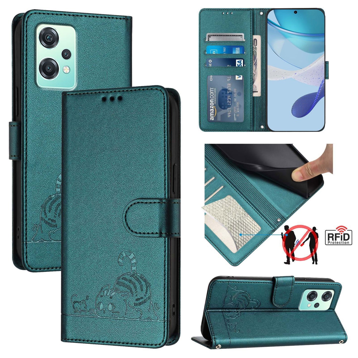 OnePlus Nord CE 2 Lite Cat and Mouse Embossed PU Leather RFID Case with Wallet Slots, Anti-Fall Protection, Kickstand, and Lanyard-buycases.co.uk