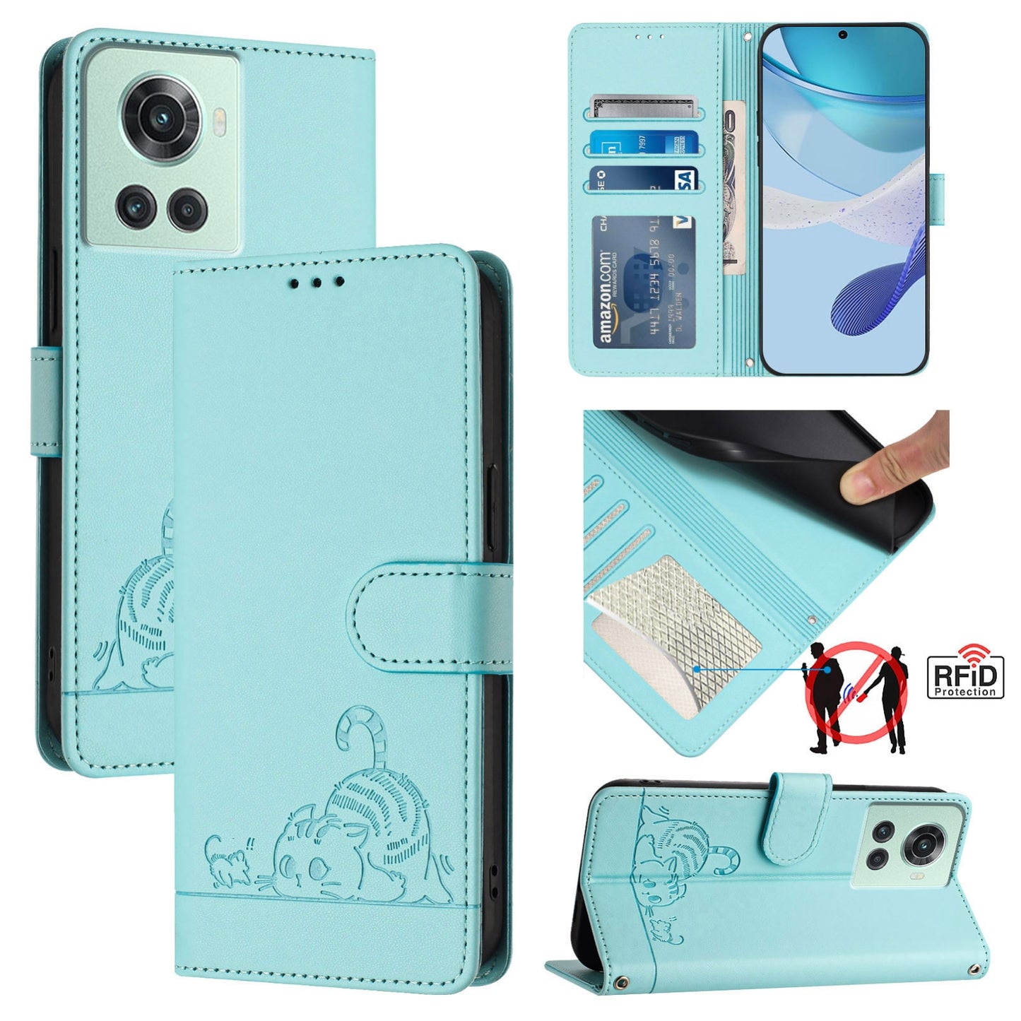 OnePlus ACE Cat and Mouse Embossed PU Leather RFID Case with Wallet Slots, Anti-Fall Protection, Kickstand, and Lanyard-buycases.co.uk