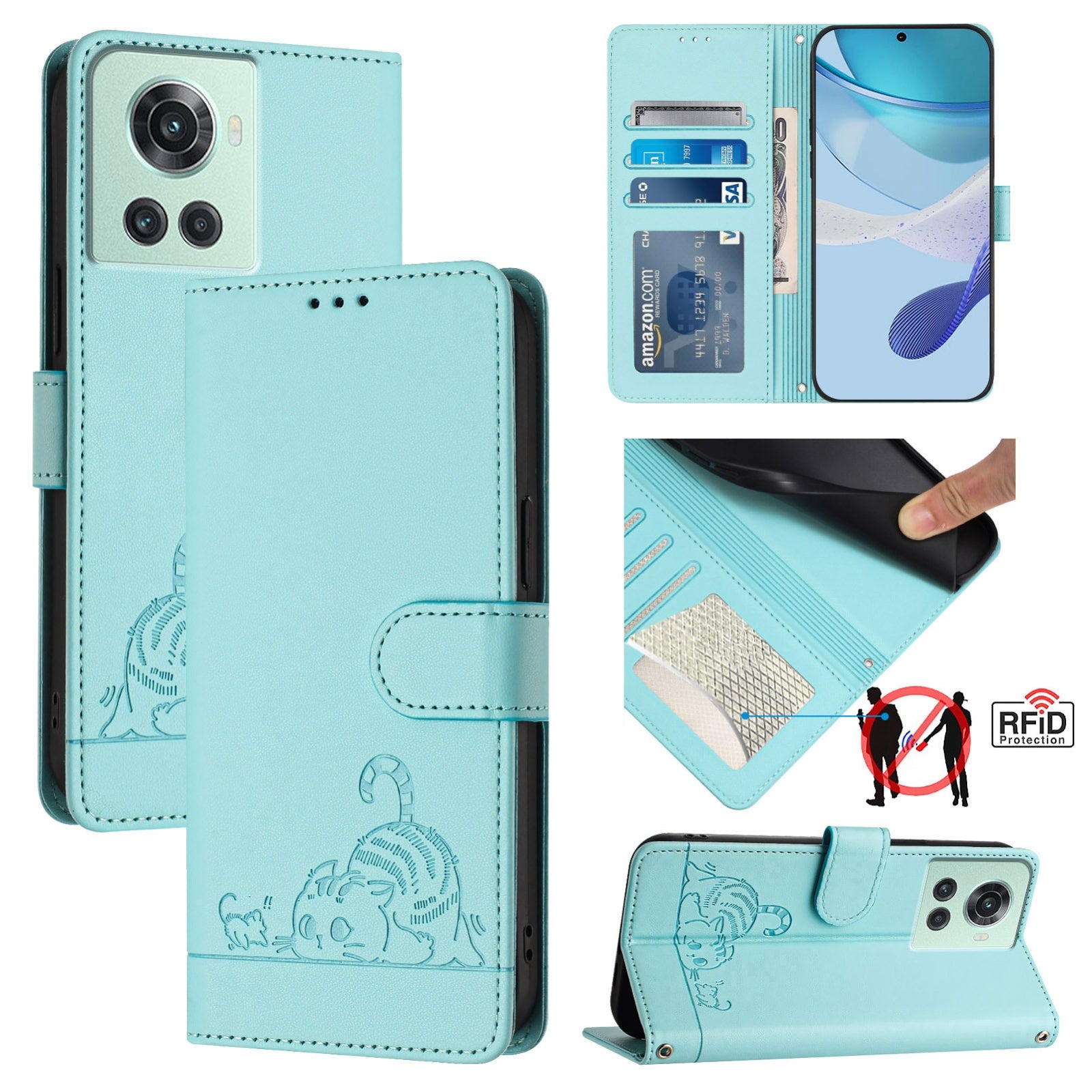 OnePlus 10R Cat and Mouse Embossed PU Leather RFID Case with Wallet Slots, Anti-Fall Protection, Kickstand, and Lanyard-buycases.co.uk