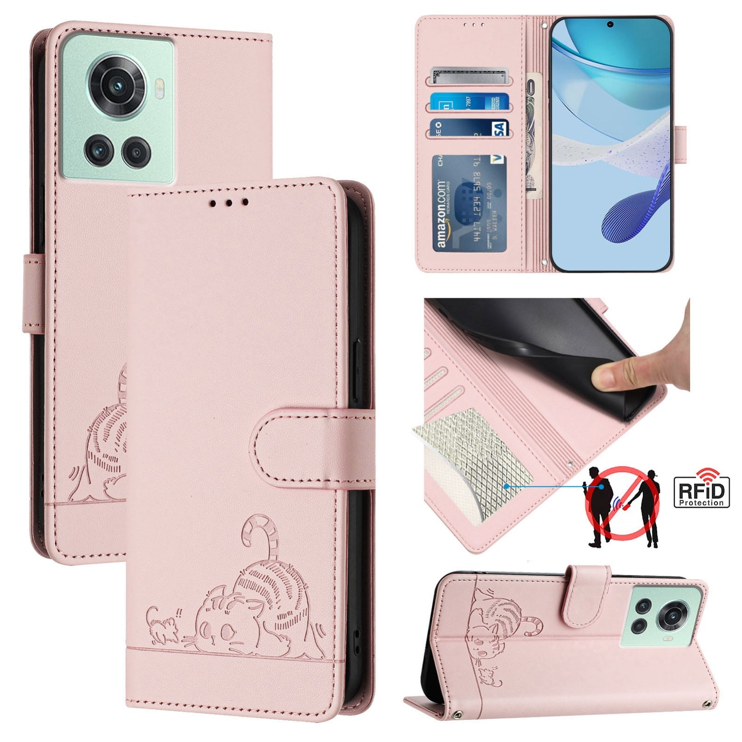 OnePlus ACE Cat and Mouse Embossed PU Leather RFID Case with Wallet Slots, Anti-Fall Protection, Kickstand, and Lanyard-buycases.co.uk