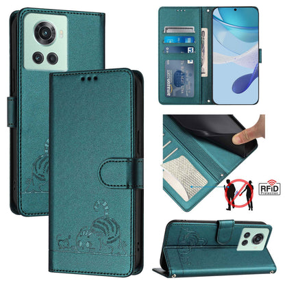 OnePlus 10R Prime Cat and Mouse Embossed PU Leather RFID Case with Wallet Slots, Anti-Fall Protection, Kickstand, and Lanyard-buycases.co.uk