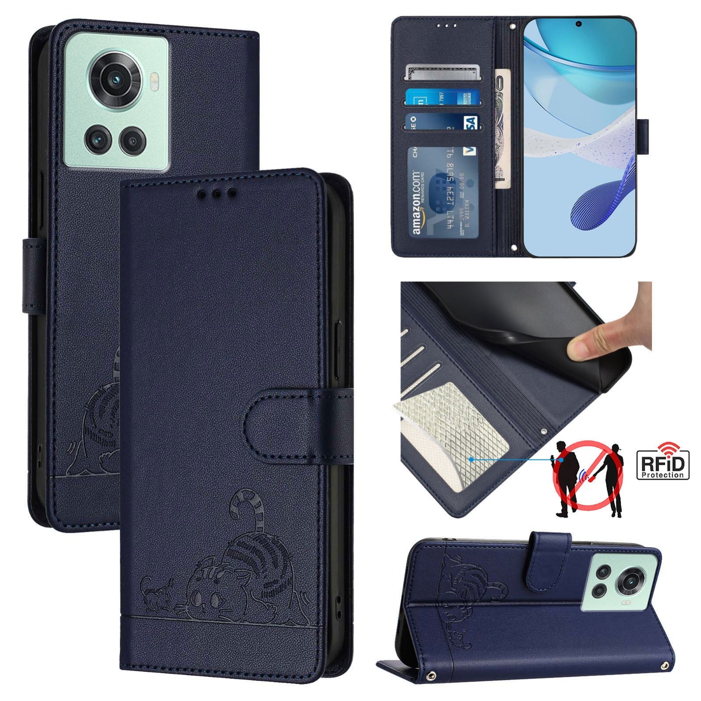 OnePlus ACE Cat and Mouse Embossed PU Leather RFID Case with Wallet Slots, Anti-Fall Protection, Kickstand, and Lanyard-buycases.co.uk