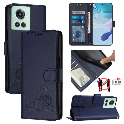 OnePlus 10R Cat and Mouse Embossed PU Leather RFID Case with Wallet Slots, Anti-Fall Protection, Kickstand, and Lanyard-buycases.co.uk