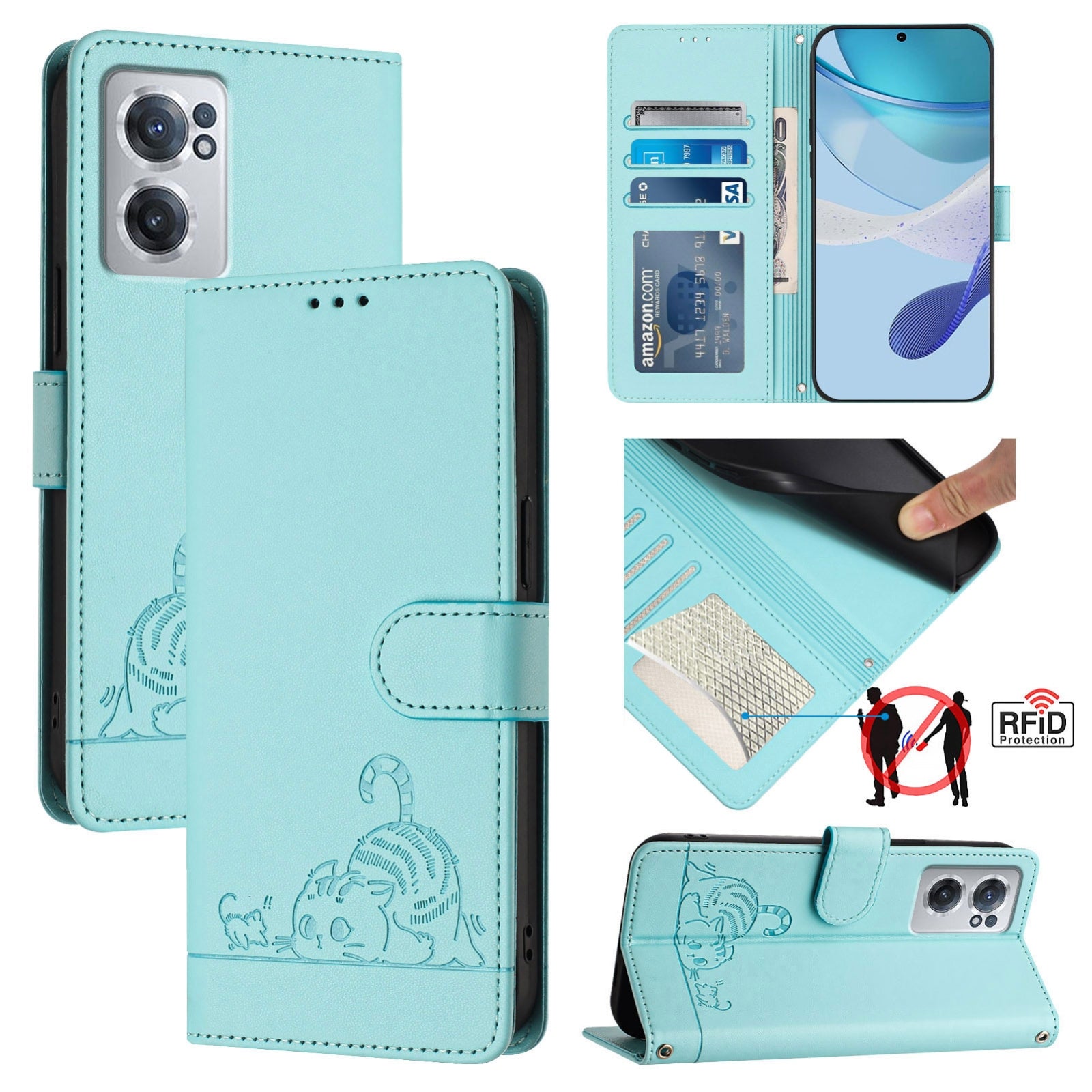 OnePlus Nord CE 2 5G Cat and Mouse Embossed PU Leather RFID Case with Wallet Slots, Anti-Fall Protection, Kickstand, and Lanyard-buycases.co.uk