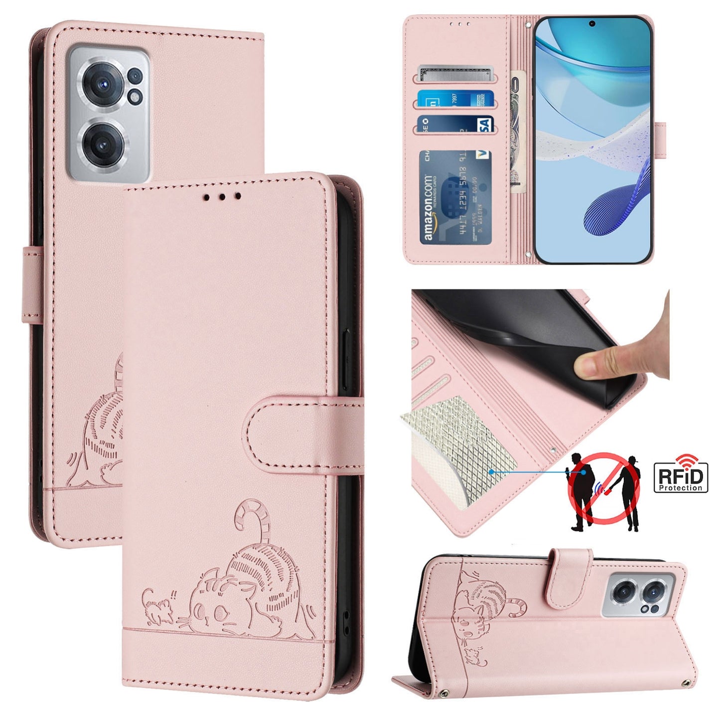 OnePlus Nord CE 2 5G Cat and Mouse Embossed PU Leather RFID Case with Wallet Slots, Anti-Fall Protection, Kickstand, and Lanyard-buycases.co.uk