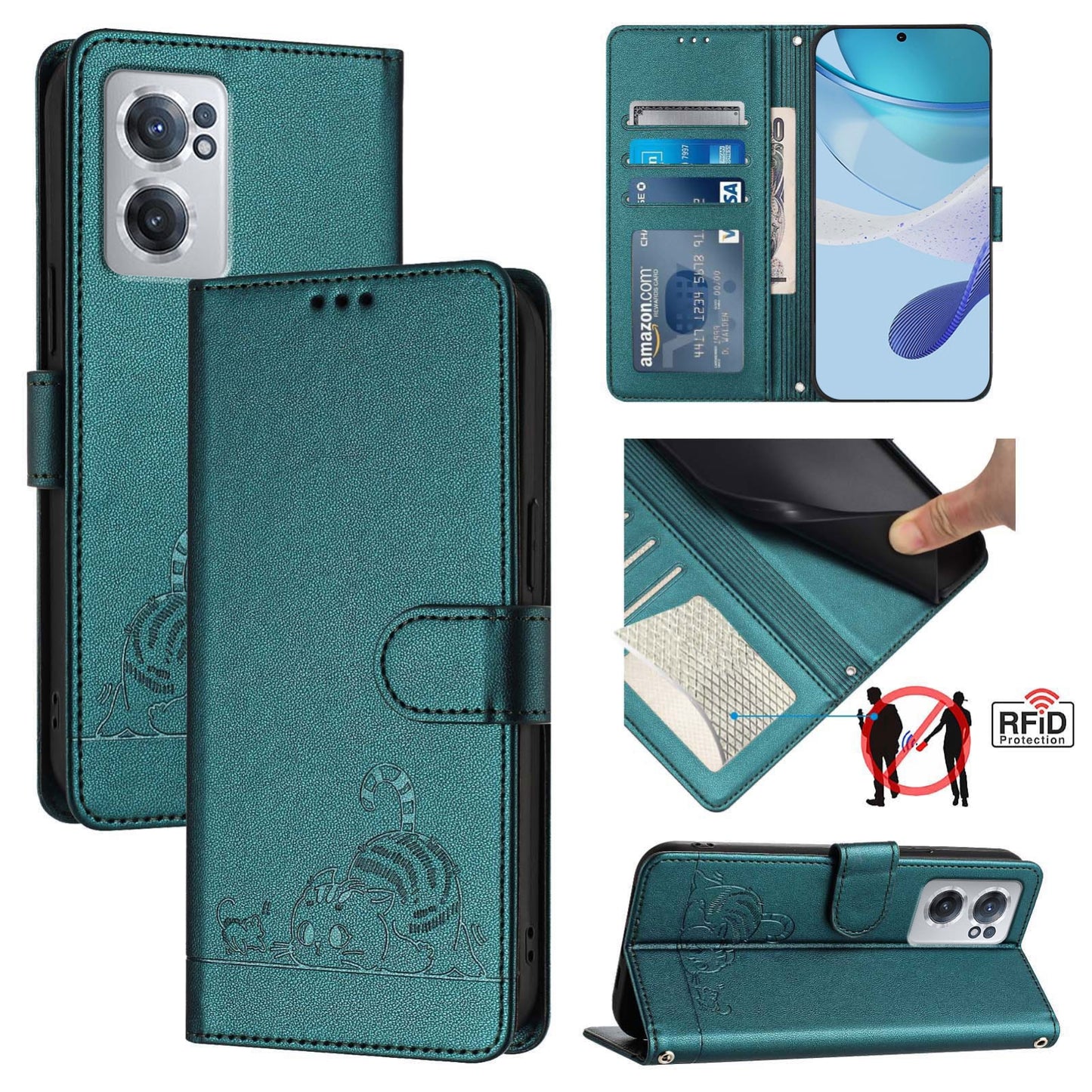 OnePlus Nord CE 2 5G Cat and Mouse Embossed PU Leather RFID Case with Wallet Slots, Anti-Fall Protection, Kickstand, and Lanyard-buycases.co.uk