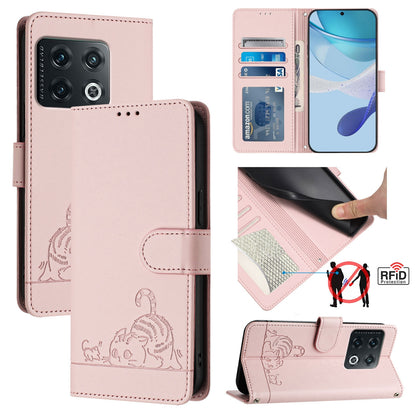 OnePlus 10 Pro 5G Cat and Mouse Embossed PU Leather RFID Case with Wallet Slots, Anti-Fall Protection, Kickstand, and Lanyard-buycases.co.uk