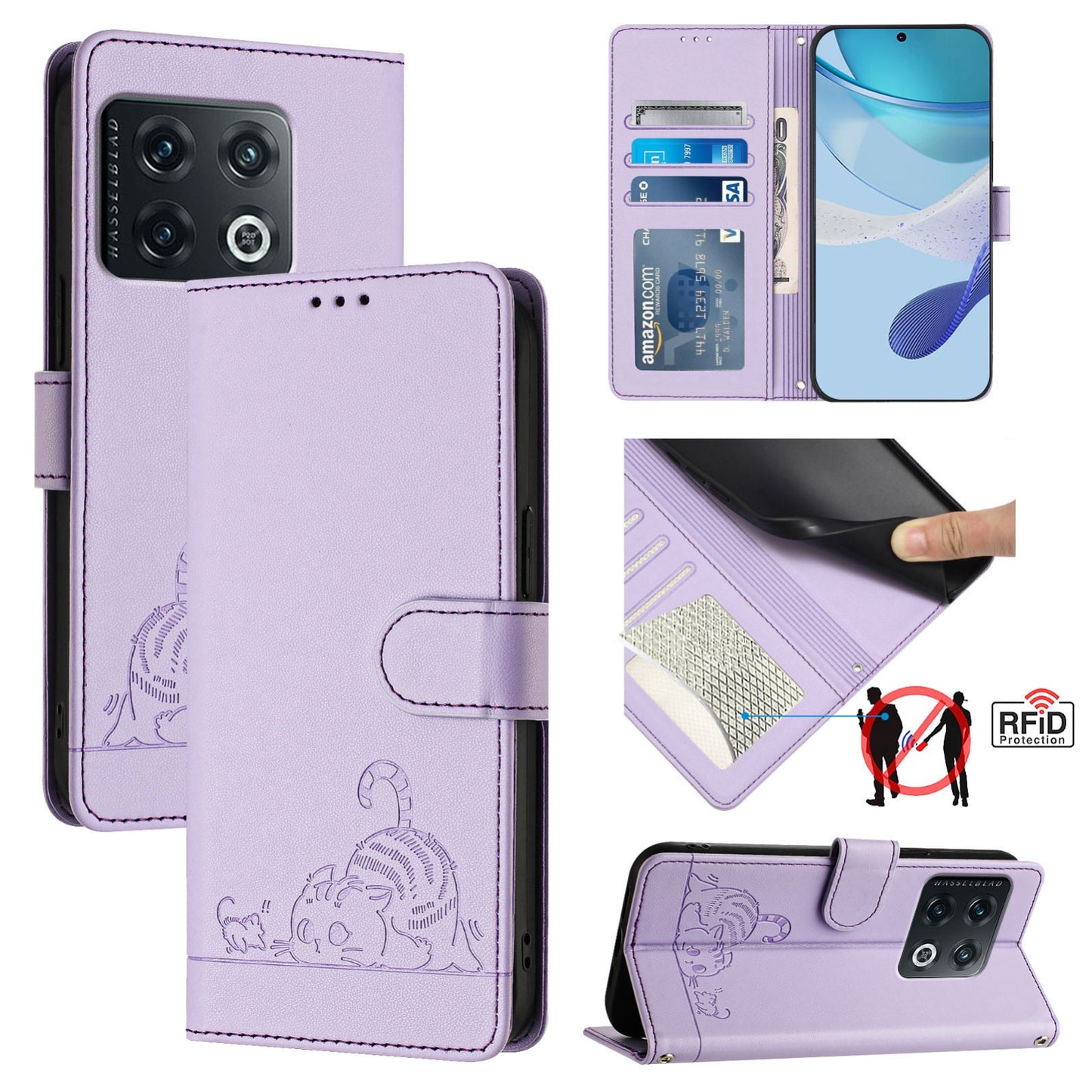 OnePlus 10 Pro 5G Cat and Mouse Embossed PU Leather RFID Case with Wallet Slots, Anti-Fall Protection, Kickstand, and Lanyard-buycases.co.uk