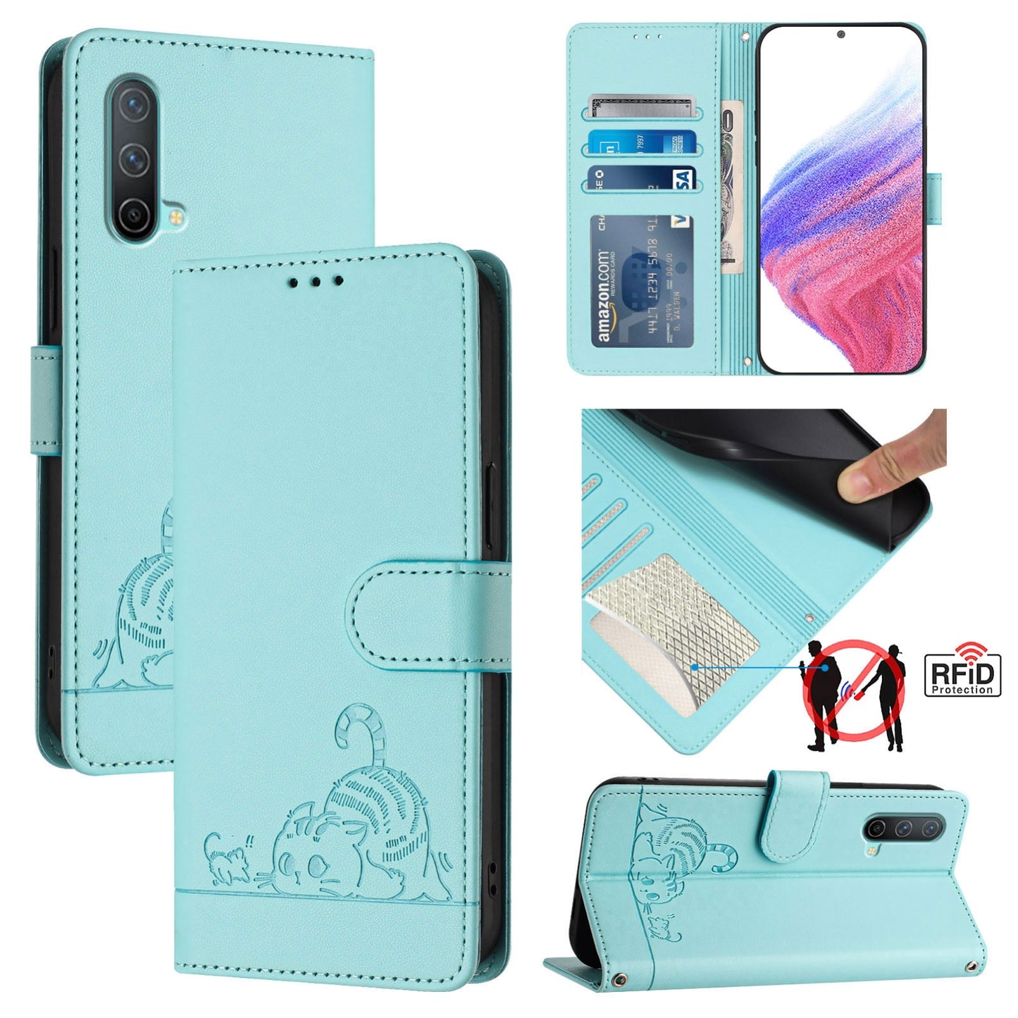 OnePlus Nord CE 5G Cat and Mouse Embossed PU Leather RFID Case with Wallet Slots, Anti-Fall Protection, Kickstand, and Lanyard-buycases.co.uk