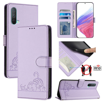OnePlus Nord CE 5G Cat and Mouse Embossed PU Leather RFID Case with Wallet Slots, Anti-Fall Protection, Kickstand, and Lanyard-buycases.co.uk
