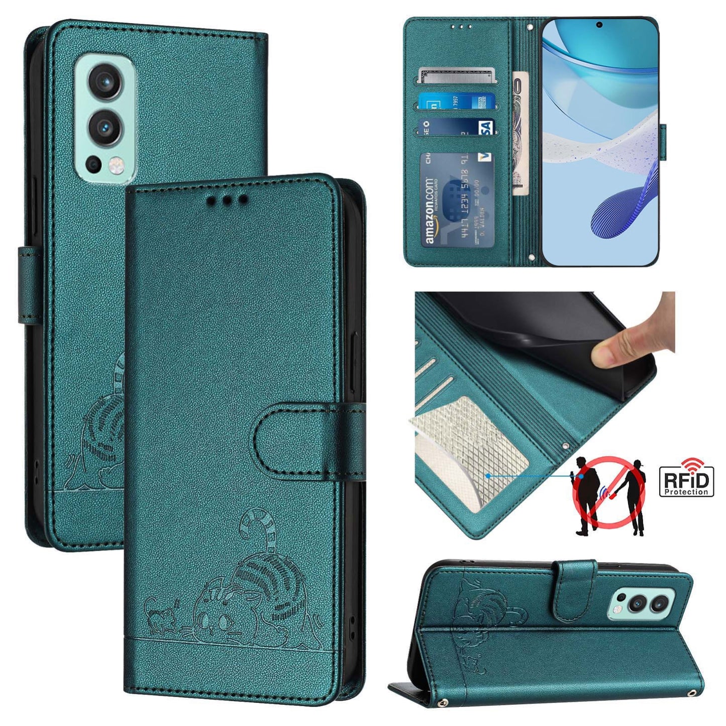 OnePlus Nord 2 Cat and Mouse Embossed PU Leather RFID Case with Wallet Slots, Anti-Fall Protection, Kickstand, and Lanyard-buycases.co.uk