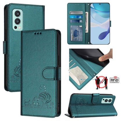 OnePlus Nord 2 Cat and Mouse Embossed PU Leather RFID Case with Wallet Slots, Anti-Fall Protection, Kickstand, and Lanyard-buycases.co.uk