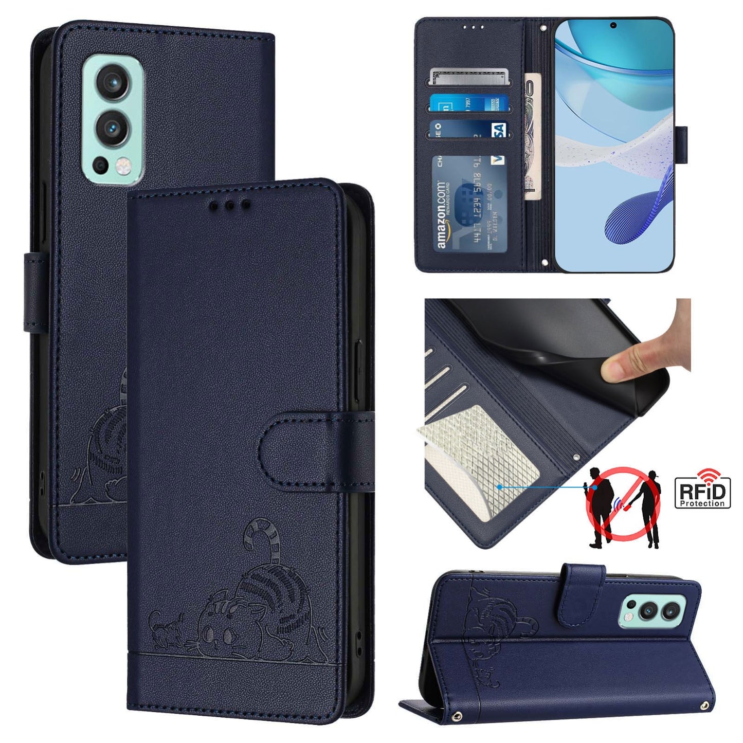 OnePlus Nord 2 Cat and Mouse Embossed PU Leather RFID Case with Wallet Slots, Anti-Fall Protection, Kickstand, and Lanyard-buycases.co.uk
