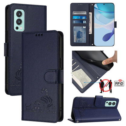 OnePlus Nord 2 Cat and Mouse Embossed PU Leather RFID Case with Wallet Slots, Anti-Fall Protection, Kickstand, and Lanyard-buycases.co.uk
