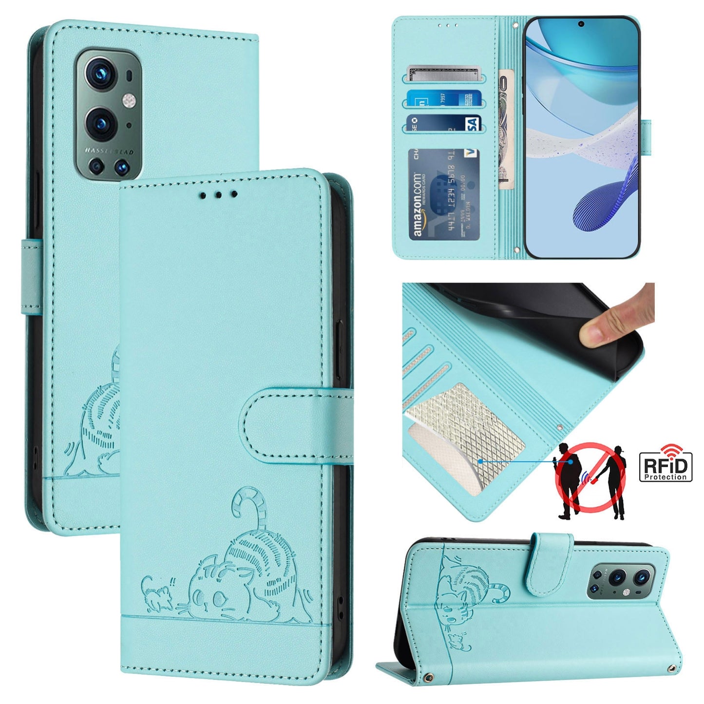 OnePlus 9 Pro Cat and Mouse Embossed PU Leather RFID Case with Wallet Slots, Anti-Fall Protection, Kickstand, and Lanyard-buycases.co.uk