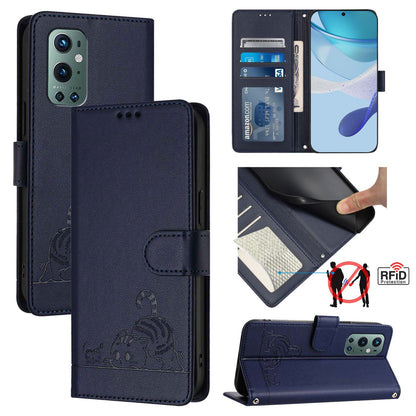 OnePlus 9 Pro Cat and Mouse Embossed PU Leather RFID Case with Wallet Slots, Anti-Fall Protection, Kickstand, and Lanyard-buycases.co.uk