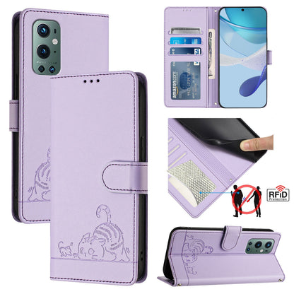 OnePlus 9 Pro Cat and Mouse Embossed PU Leather RFID Case with Wallet Slots, Anti-Fall Protection, Kickstand, and Lanyard-buycases.co.uk
