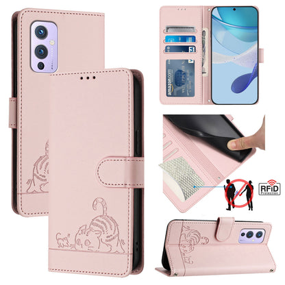 OnePlus 9 Cat and Mouse Embossed PU Leather RFID Case with Wallet Slots, Anti-Fall Protection, Kickstand, and Lanyard-buycases.co.uk