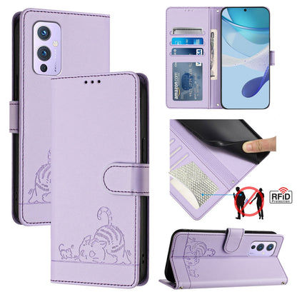 OnePlus 9 Cat and Mouse Embossed PU Leather RFID Case with Wallet Slots, Anti-Fall Protection, Kickstand, and Lanyard-buycases.co.uk