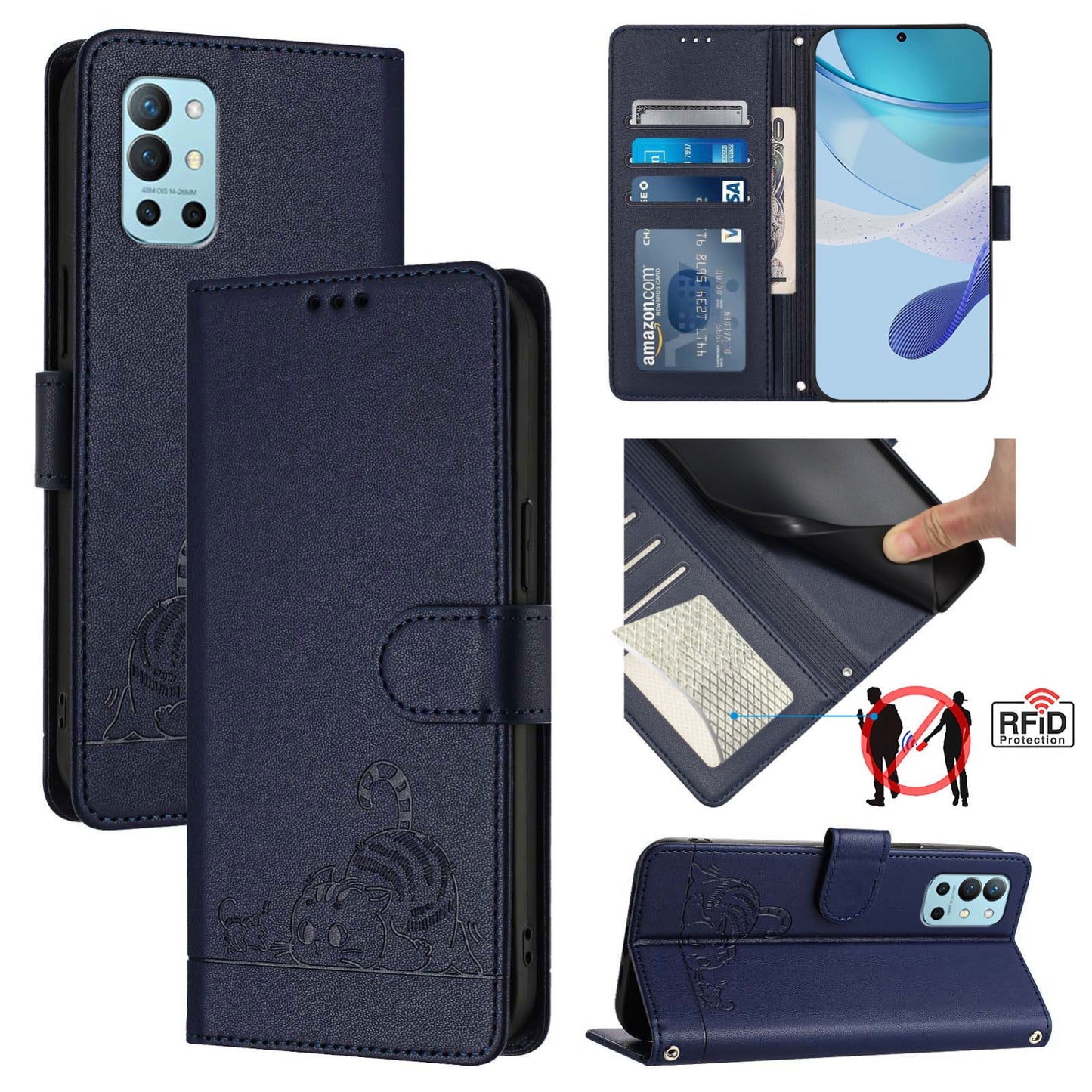 OnePlus 9R Cat and Mouse Embossed PU Leather RFID Case with Wallet Slots, Anti-Fall Protection, Kickstand, and Lanyard-buycases.co.uk