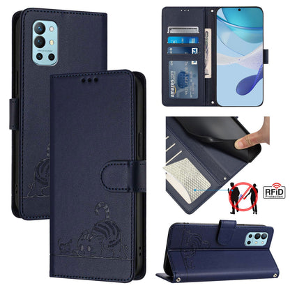 OnePlus 9R Cat and Mouse Embossed PU Leather RFID Case with Wallet Slots, Anti-Fall Protection, Kickstand, and Lanyard-buycases.co.uk