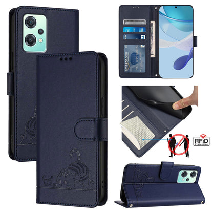 OnePlus Nord 2 Lite Cat and Mouse Embossed PU Leather RFID Case with Wallet Slots, Anti-Fall Protection, Kickstand, and Lanyard-buycases.co.uk