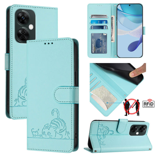 OnePlus Nord CE 3 Lite 5G Cat and Mouse Embossed PU Leather RFID Case with Wallet Slots, Anti-Fall Protection, Kickstand, and Lanyard-buycases.co.uk