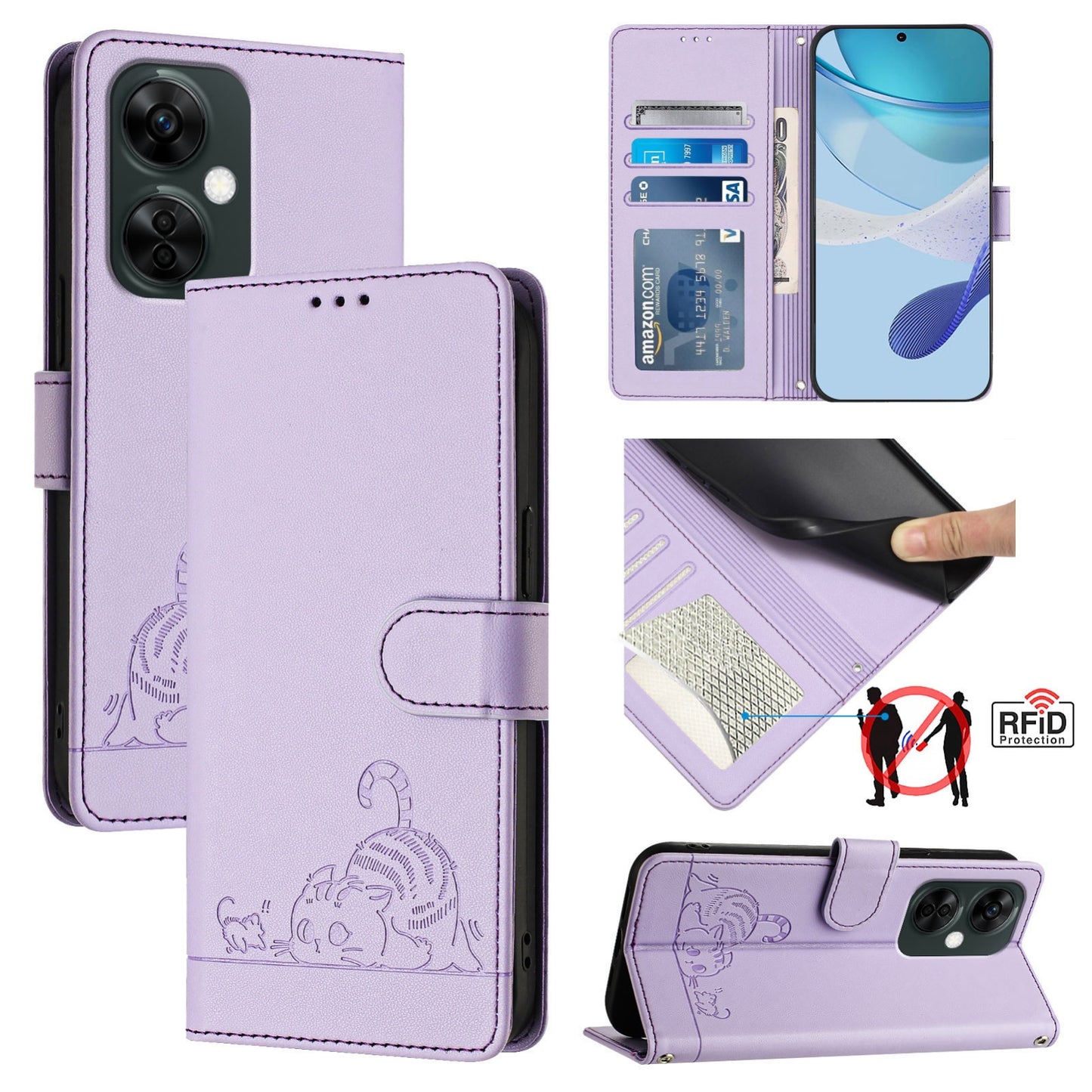 OnePlus Nord CE 3 Lite 5G Cat and Mouse Embossed PU Leather RFID Case with Wallet Slots, Anti-Fall Protection, Kickstand, and Lanyard-buycases.co.uk